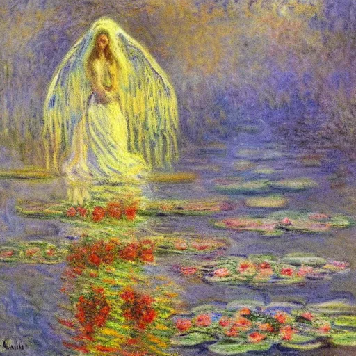 Image similar to knifework reveals angelic reality, painting by claude monet