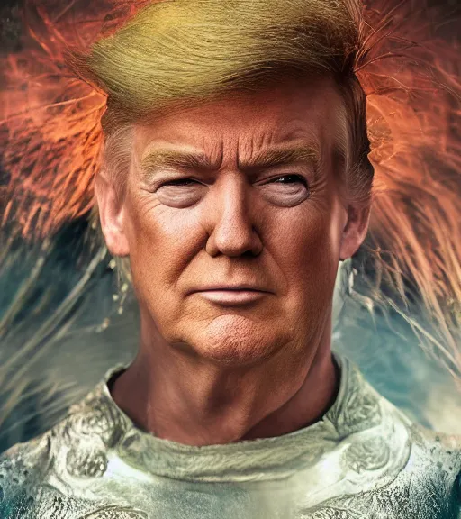 Image similar to award winning 5 5 mm close up portrait color photo of trump as songoku, in a park by luis royo. soft light. sony a 7 r iv