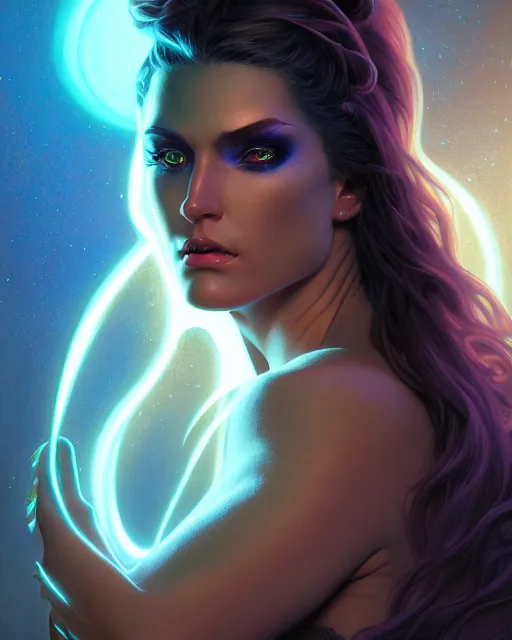 Image similar to epic fantasy render portrait of a beautiful bioluminescent woman with glowing eyes, dark retrowave, highly detailed, digital painting, cinematic, hyperrealism, rpg portrait, dynamic lighting, art by boris vallejo and julie bell and magali villeneuve and alphonse mucha, artstation, octane render, cgsociety