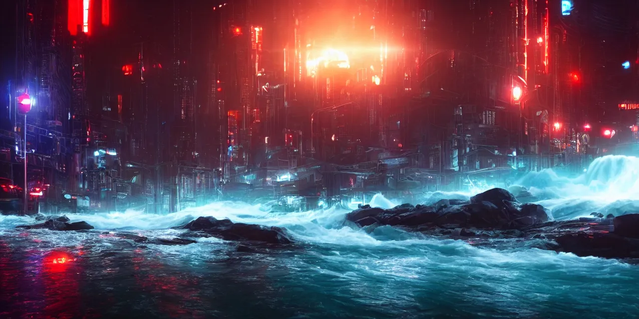 Image similar to turbulent river rapids rushing through a futuristic city at night , volumetric lighting, blue and red glowing lights, 4k, octane, unreal engine, high contrast, high saturation , cinematic film still, by artgerm and greg rutkowski