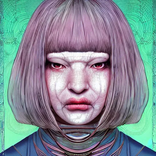 Image similar to portrait of crazy sia kate isobelle furler, symmetrical, glamour, by yoichi hatakenaka, masamune shirow, josan gonzales and dan mumford, ayami kojima, takato yamamoto, barclay shaw, karol bak, yukito kishiro