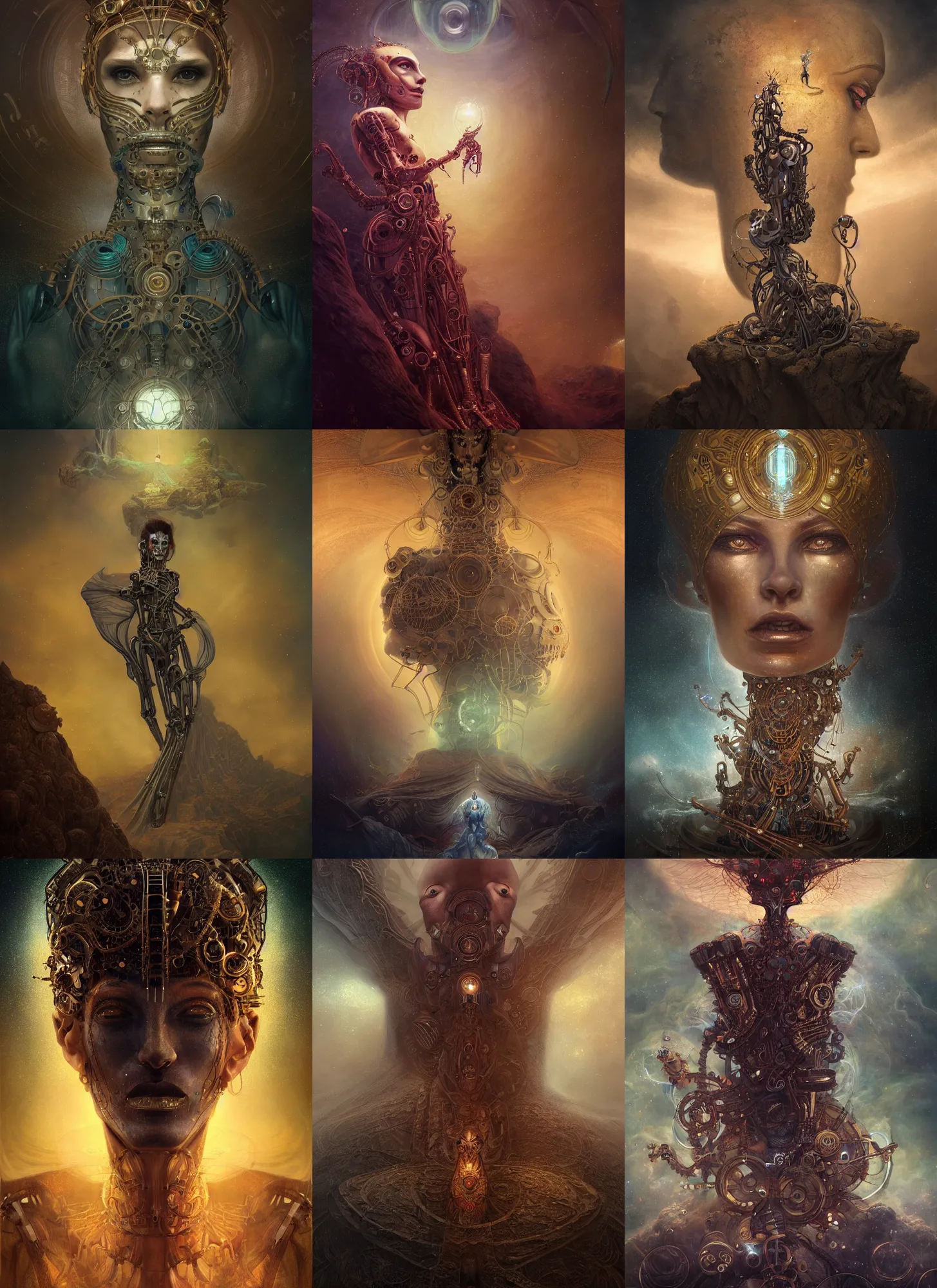Prompt: beautiful portrait of menacing and anxious biomechanical Djinn overseeing the deist mechanical universe by charlie bowater, mandy jurgens, gustav klimt, octane render, iridescent, 4k, 8k, high detail, HDR, by tom bagshaw, powerful, with inspiration from Beksinski