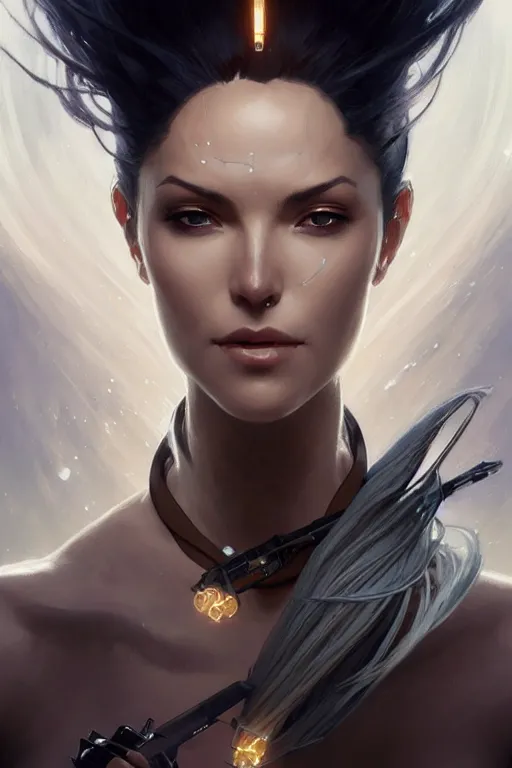 Image similar to beautiful woman with white hair and brown skin as aeon flux profile picture by Greg Rutkowski, dynamic pose, intricate, futuristic, fantasy, elegant, by Stanley Artgerm Lau, greg rutkowski, thomas kindkade, alphonse mucha, loish, norman Rockwell,