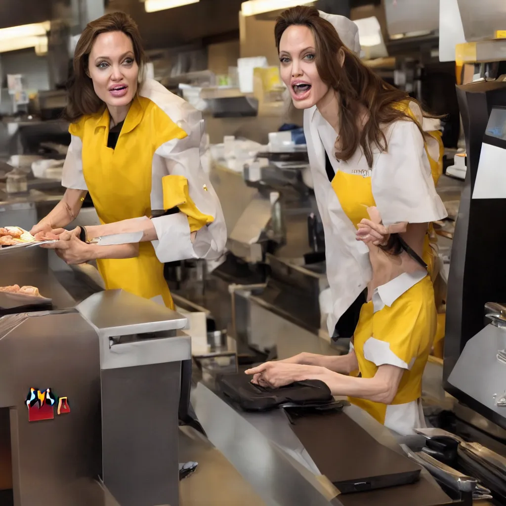 Image similar to Angelina Jolie working as a McDonalds cashier, macro, dramatic, HD