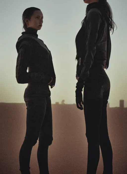 Prompt: cinestill 5 0 d photographic portrait of two loving female androids wearing rugged black techwear standing in front of a brutalist structure on a desolate plain with a red sky, extreme closeup, cyberpunk style, dust storm, 8 k, hd, high resolution, 3 5 mm, f / 3 2, ultra realistic faces, ex machina