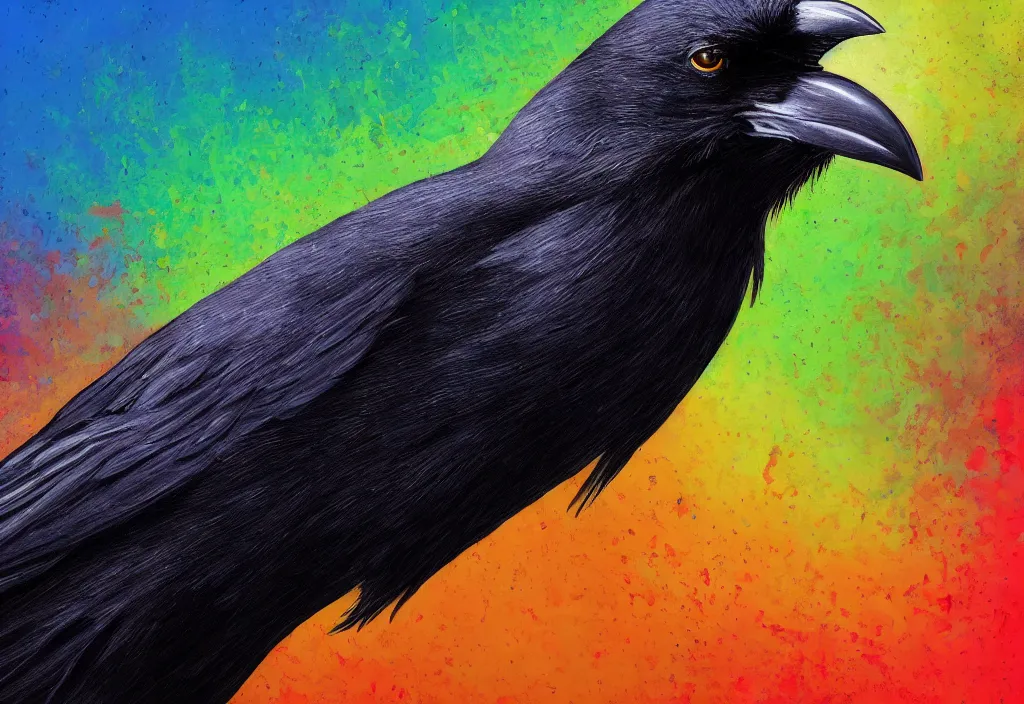 Prompt: a crow, greedy, terrible, tacky, demonic, parallel, vibrant colors, high quality, 8 k, very detailed, intricate, high detail, extremely fine details, realistic shaded lighting, not cropped, extremely detailed, masterpiece, digital painting