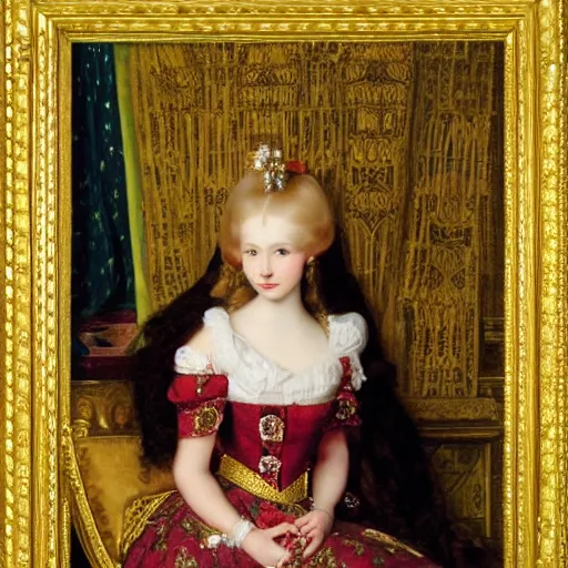 Prompt: a very very beautiful portrait of a young wealthy princess inside a very beautiful room by Frank Cadogan Cowper, graceful gaze, victorian style, golden jewellery