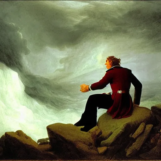 Prompt: Captain looking out over a raging storm, romanticism, by Caspar Friedrich