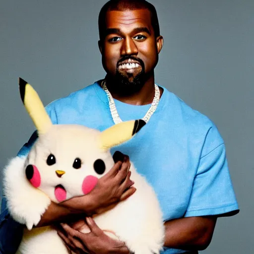 Image similar to kanye west smiling holding pikachu for a 1 9 9 0 s sitcom tv show, studio photograph, portrait c 1 2. 0