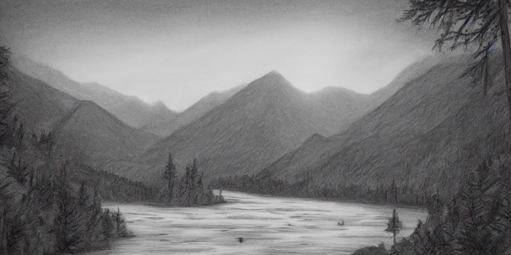 Image similar to A majestic landscape featuring a river, mountains and a forest. There is a group of armed soldiers smoking cigarettes and staring at the sunset. Cinematic, very beautiful, pencil drawing