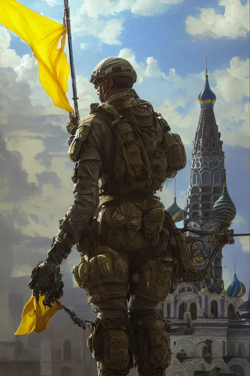 Image similar to special forces soldier raising ukrainian blue and yellow flag st. basil cathedral in the background, masculine figure, d & d, fantasy, bright atmosphere, volumetric lights, intricate, elegant, extremely detailed, digital painting, artstation, concept art, matte, smooth, sharp focus, hyper realistic, illustration, art by artgerm and greg rutkowski and alphonse mucha