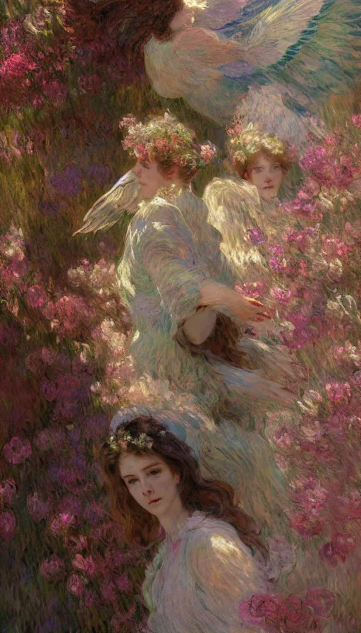 Image similar to illustration studio portrait of three beautiful seraphim female energy in artistic poses in nature, monet painterly motives and textures pattern, hyper detailed, octane render, vivid colors, artstation, by jeremy mann, by alphonse mucha, by monet