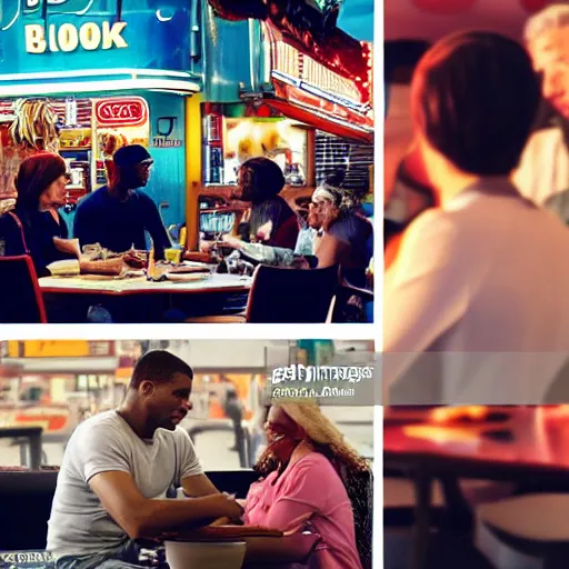 Image similar to diner scene, bottom left of photo is a black couple arguing, bottom right of photo is a white man reading a book, centre of photo is a waitress on rollerskates, top of photo is a neon sign saying breakfast