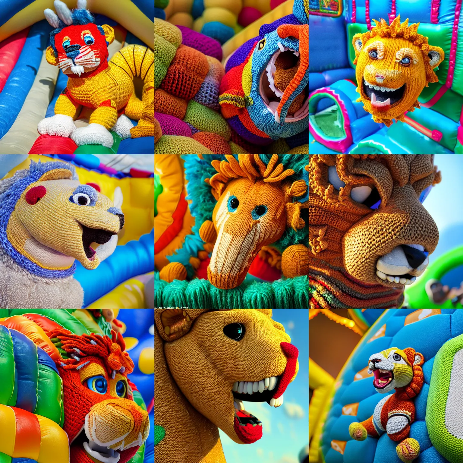 Prompt: a closeup photorealistic photograph of a cute knitted barracuda lion playing in a bouncy castle. intricate stitching. professional capture. brightly lit scene. this 4 k hd image is trending on artstation, featured on behance, well - rendered, extra crisp, features intricate detail, epic composition and the style of unreal engine.