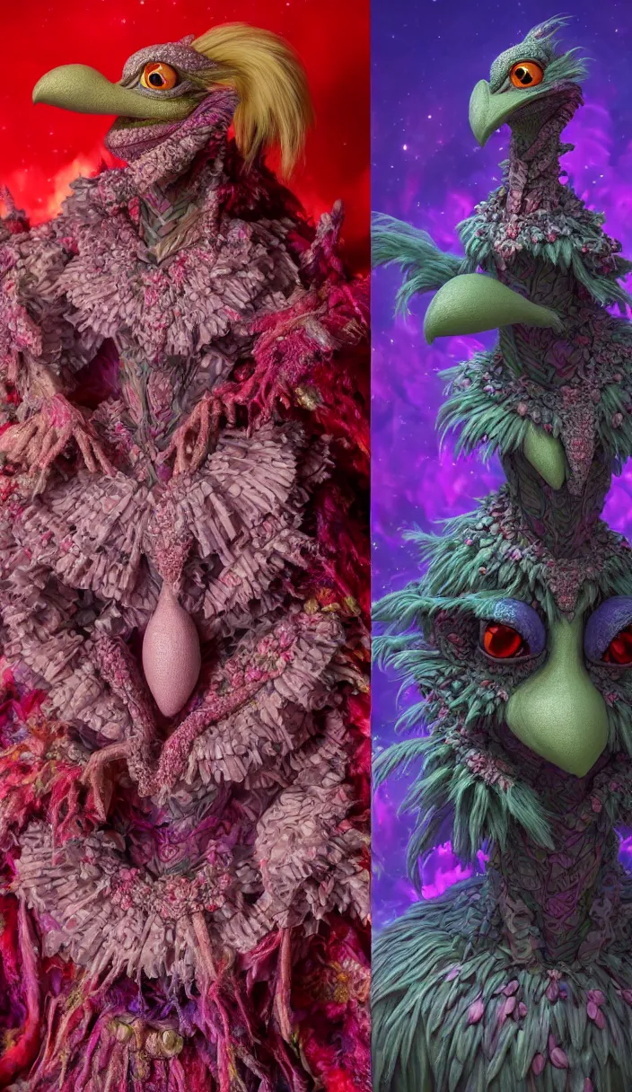 Prompt: hyper detailed 3d render like a Oil painting - kawaii portrait of two Aurora (a beautiful skeksis muppet fae queen protector from dark crystal that looks like Anya Taylor-Joy) seen red carpet photoshoot in UVIVF posing in scaly dress to Eat of the Strangling network of yellowcake aerochrome and milky Fruit and His delicate Hands hold of gossamer polyp blossoms bring iridescent fungal flowers whose spores black the foolish stars by Jacek Yerka, Ilya Kuvshinov, Mariusz Lewandowski, Houdini algorithmic generative render, Abstract brush strokes, Masterpiece, Edward Hopper and James Gilleard, Zdzislaw Beksinski, Mark Ryden, Wolfgang Lettl, hints of Yayoi Kasuma and Dr. Seuss, octane render, 8k