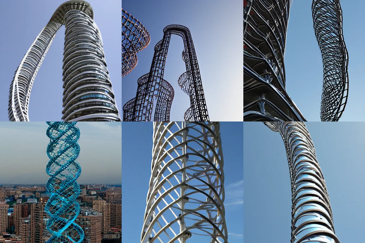 Prompt: Sky scraper in the shape of a double-helix DNA strand.