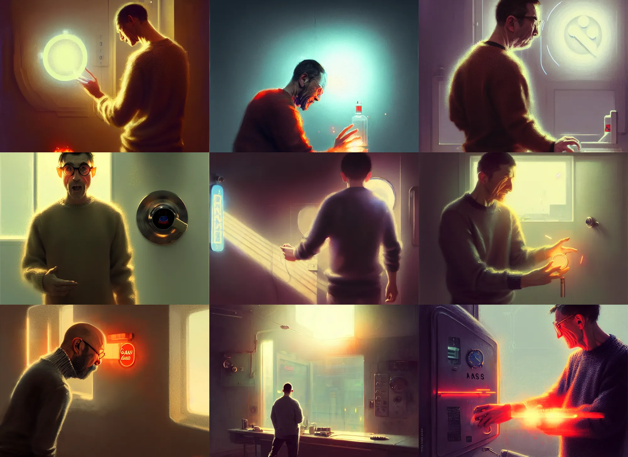 Prompt: man in a sweater turning a knob, sign above the knob that says'gas ', mischievous, intricate, sharp focus, lens flare, bloom, illustration, highly detailed, digital painting, concept art, matte, art by ruan jia and wlop and greg rutkowski, masterpiece