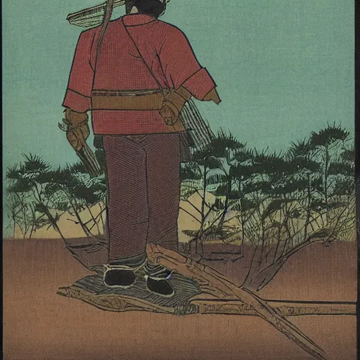 Prompt: late meiji period, colored woodblock print, paul bunyan