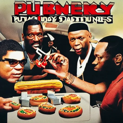 Prompt: album cover for public enemy playing with a toy train set eating hamburgers