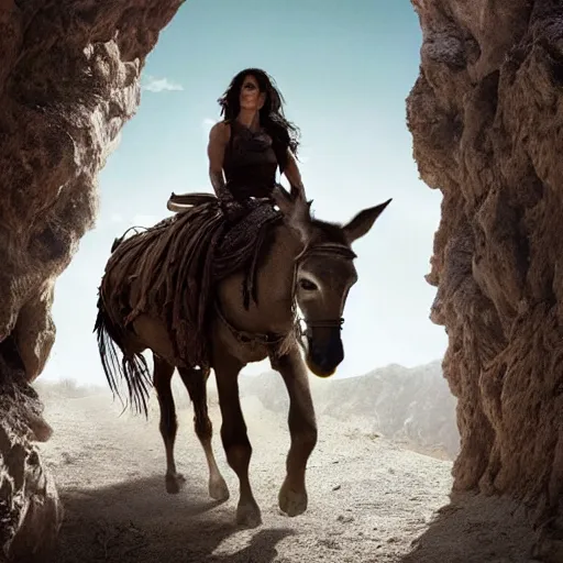 Prompt: a woman’s face and body. Woman is riding a donkey down a ravine in a post-apocalyptic desert. The woman is dark-skinned. Penelope Cruz. Salma Hayek. Darren Aronofsky. Beautiful and epic. Incredible detail. Dark. 4K 8K