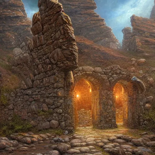 Image similar to The Great stone gates of runic magic, art by Donato Giancola and James Gurney, digital art, trending on artstation, epic composition, wide angle