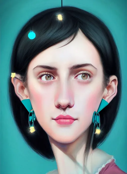 Image similar to portrait of high school girl, realistic, black hair, bangs, half updo hairstyle, pointy nose, skinny, smile, ugly, defined jawline, big chin, teal hair bow, earrings, intricate, elegant, glowing lights, highly detailed, digital painting, artstation, sharp focus, illustration, art by wlop, mars ravelo and greg rutkowski