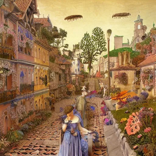 Image similar to hyperrealistic detailed painting of medieval city, with flowers, beetles, bacteria, fish skeletons, fungi, scales, golden filigree, art by ernst haeckel, john william godward, hammershøi, alphons mucha, pontormo, ornamental, decorative, art nouveau pattern, deep pastel colors,