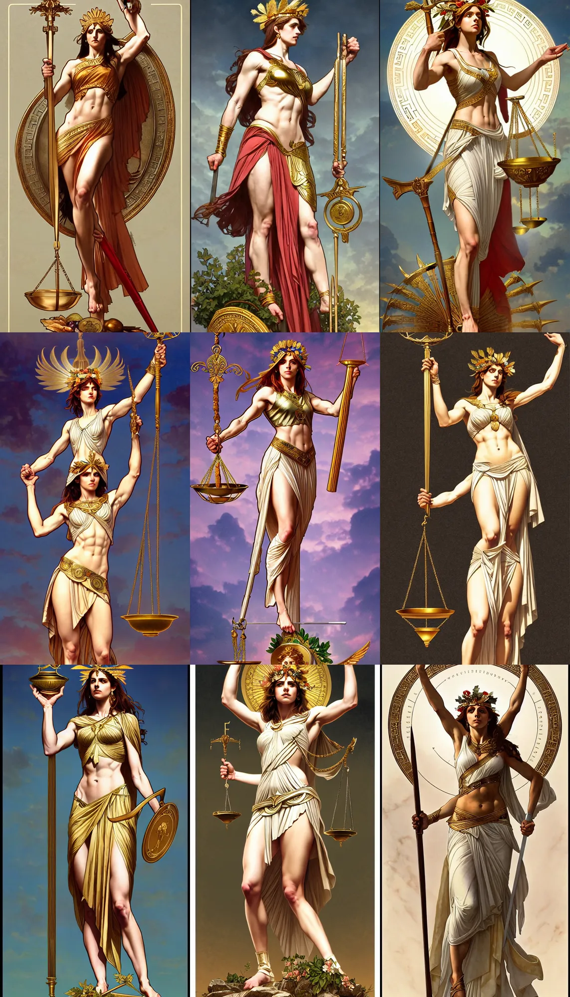 Image similar to a full body portrait of themis the greek goddess, holding the scale of justice!! wearing a laurel wreath, extremely beautiful, precise anatomy, by artgerm and by greg rutkowski and by alphonse mucha and by simon bisley, radiant light, detailed and intricate environment