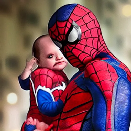 Image similar to realistic photo of spiderman holding baby wearing spiderman costumes