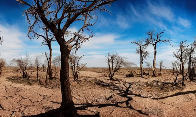 Prompt: panorama of a weather phenomemon where big raindrops fly upwards into the perfect cloudless blue sky from a dried up river in a desolate land, dead trees, blue sky, hot and sunny highly-detailed, elegant, dramatic lighting, artstation, 4k, cinematic landscape, photograph by Elisabeth Gadd, National Geographic