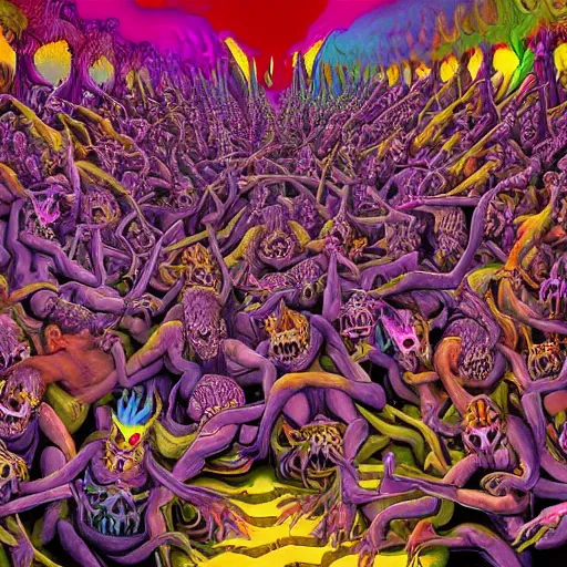 Image similar to digital painting of demons in rave party in hell by Chor Boogie, intricate details, ultra detailed, 4K, award-winning, touch of M. C. Escher