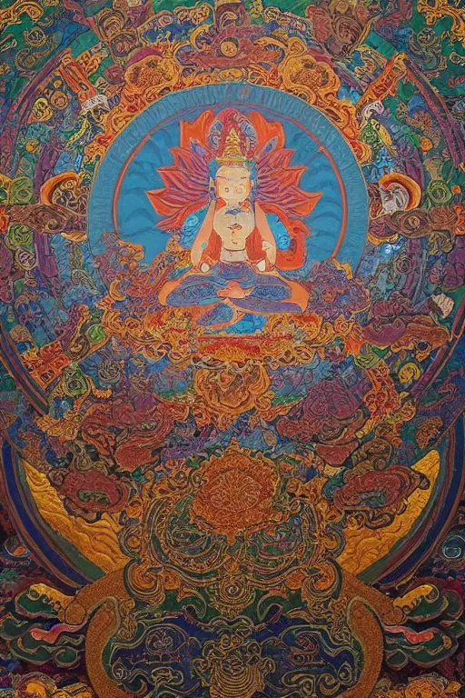 Image similar to an ornate ultradetailed tibetan thangka, A giant lotus mandala, celestial bodies, Post apocalyptic, flying through time, portal into anotheer dimension, giant lotus mandala, intricate tapestry, by yoshitaka amano, hiroshi yoshida, moebius, trending on instagram, 8k, HD, gigapixel, highly detailed, epic, exquisite, great coherency, painted on silk, realistic proportions, Tibetan art, Thangka painting, Buddhist art, Medieval Art, Asian Art, Sacred Geometry, sharpness applied, hyperrealism