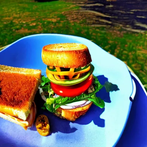 Image similar to sandwich with fried tofu, also one tomato slice, two onion rings, avocado and cheddar, over a dish and over a table, outside with a sunset and rainbow in the background with saturn and stars in the sky