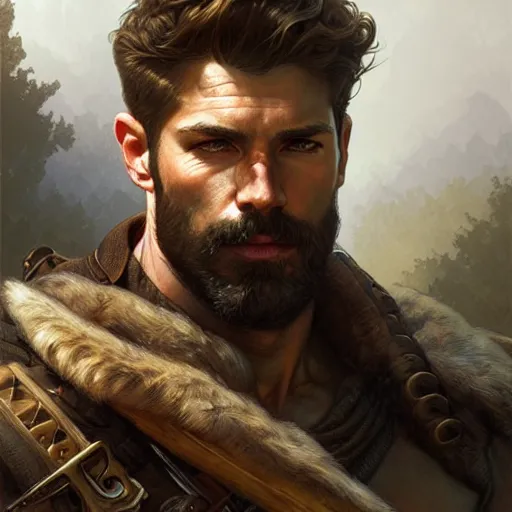 Image similar to Portrait of rugged male ranger, D&D, muscular, fantasy, intricate, elegant, highly detailed, digital painting, artstation, concept art, smooth, sharp focus, illustration, art by artgerm and greg rutkowski and alphonse mucha