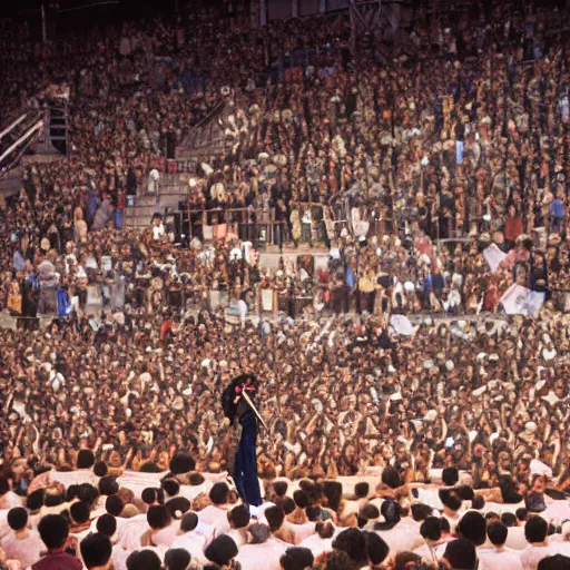 Prompt: monkey performing on stage in front of a large crowd. photorealistic documentary photography