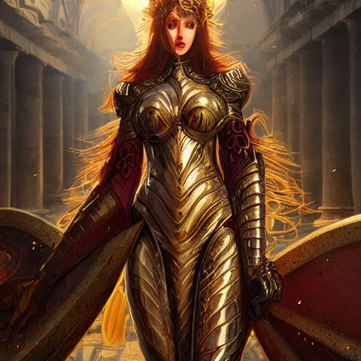 Prompt: portrait knights of Zodiac girl, metallic black and reddish color reflected armor, in ruined Agora of Athens, ssci-fi, fantasy, intricate, very very beautiful, elegant, golden light, highly detailed, digital painting, artstation, concept art, smooth, sharp focus, illustration, art by WLOP and tian zi and alphonse mucha