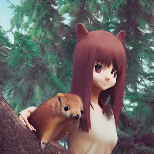 Prompt: Render of a realistic cute anime girl holding a pine marten, 4k, trending on arstation, CGsociety, octane render, composition