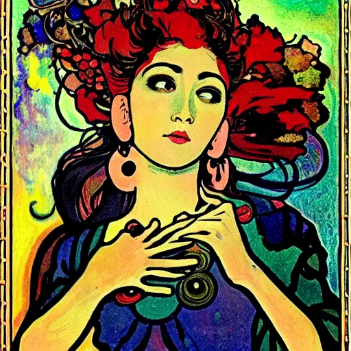 Image similar to The Goddess of Art, paint, ink, palettes, spectrum, in the style of Octavia Ocampo, Mucha, Kandinsky