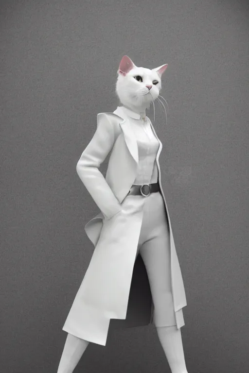 Image similar to a white cat wearing a formal overcoat, hyperrealistic, concept art, octane render, unreal engine 5, trending on DeviantArt, highly detailed, high quality, 8K, soft lighting, cute, natural lighting, realistic face, trending on Artstation, elegant clothes, profile picture, path traced, house background