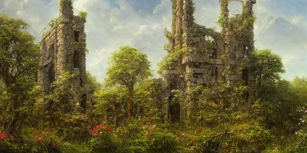 Image similar to Art of The cinematic view of The overgrown ruins of a stone tower amidst a forest of flowering trees by John Howe