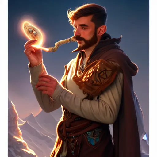 Image similar to male, wizard, smoking pipe, glacier landscape, D&D, fantasy, intricate, elegant, highly detailed, digital painting, artstation, octane render, concept art, matte, sharp focus, illustration, hearthstone, art by Artgerm and Greg Rutkowski and Alphonse Mucha