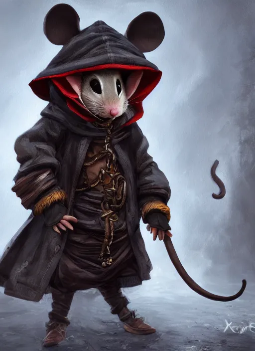 Image similar to full body concept, very fine art oil painting of a cute and sneaky D&D style anthropomorphic mouse hooded thief with a very beautiful face wearing full intricate clothing, ultra detailed, octane render, 4K, dystopian background, micro details