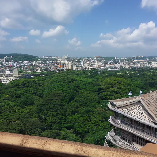 Image similar to makoto shinkai view from castle balcony overlooking kingdom