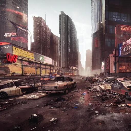 Prompt: photo of new york city as an apocalyptic wasteland, homeless people, cyberpunk style, octane render