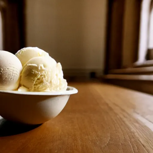 Prompt: macro shot of a bowl of ice cream sitting on a table in the hall of a great castle