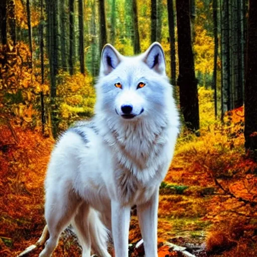 Prompt: white wolf with blue eyes, in the autumn forest, realistic, 8 к, fullbody photo