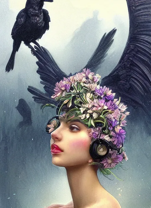 Prompt: beautiful young woman, gorgeous face, flowers over her eyes, ravens in the background, bladerunner city landscape, cybernetic, wires, technology, vaporwave aesthetic, synthwave, intricate, elegant, highly detailed, digital painting, artstation, concept art, smooth, sharp focus, illustration, art by artgerm and greg rutkowski and alphonse mucha