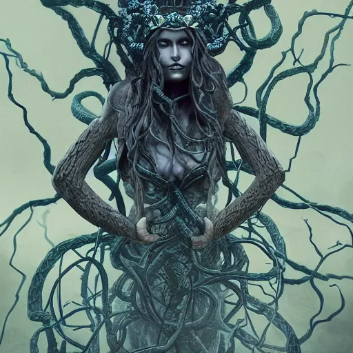 Image similar to dramatic portrait of the dark goddess of snakes, wearing a crown of thorned vines, blue skin, wrapped in snakes, realism, dark fantasy illustration, surrounded by twisting forest, dynamic lighting, detailed textures, octane render, artstation