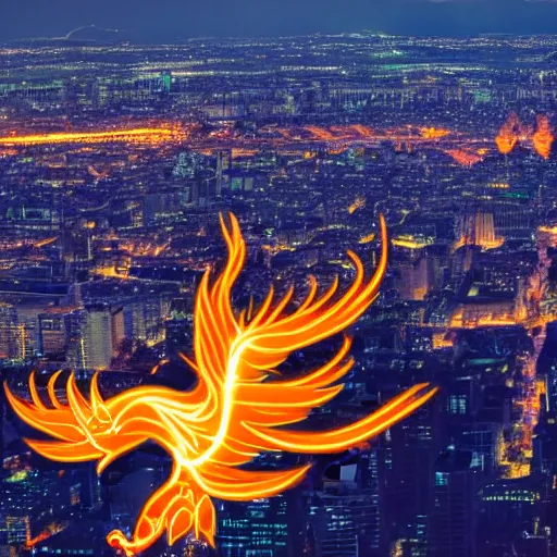 Prompt: Flaming Phoenix bird flying above a city at night. High quality.