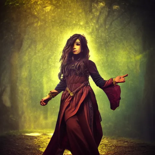 Image similar to portrait of a human mage ,fantasy, D&D, HDR, natural light, medium close shot, dynamic pose, award winning photograph, Mucha style